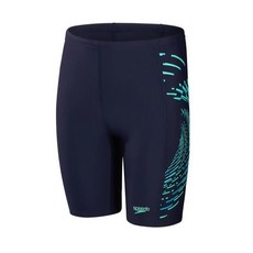 SPEEDO 男孩青少年運動及膝泳褲 Plastisol 深藍/極光綠