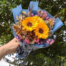 花束 節慶花 乾燥花束 永生花束 香皂花 情人節花束 小花束 玫瑰花束, 霧霾藍+透明禮物袋（尺寸25*20cm)