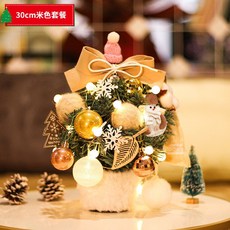 台灣發貨 統編 聖誕樹pe桌面迷你仿真PVC小聖誕樹套餐加密帶燈DIY材料包聖誕節裝飾, 30cm米色木底座小樹套餐, 1個
