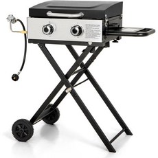 접이식 스탠드가 있는 그린 파티 2 버너 바비큐 프로판 가스 그리들 사이드 테이블이 18인치 휴대용 253제곱인치 크기. 야외 요리 정원 파티오 뒷마당을 위한 평평한 상단 그릴, GREEN PARTY 2구 버너 BBQ 프로판 가스 그