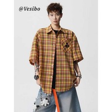 체크 패턴 자수 셔츠 남성용 배색 디자인 하이스트릿 감성 반팔 여름 커플 착용 가능