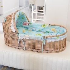 라탄 원목 요람 휴대용 신생아 침대 차량용 바구니, 90cm 블루 안감