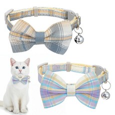 XLIUAX 고양이 나비 넥타이 2개 종 달린 칼라 조절 가능한 분리형 블루 화이트 격자무늬 새끼 강아지 소형 반려동물용 [호환], XLIUAX 고양이 나비 넥타이 2개 종 달린 칼라 조