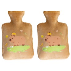 StarR 크로커다일 앤 카피바라 일러스트 패브릭 보온 물주머니 브라운 500ml, 2개
