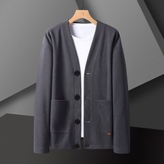 華夫格針織開衫外套，男士春秋新款，寬鬆V領百搭休閒針織上衣