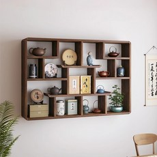 實木壁掛博古架多寶閣置物架，中式茶室收納展示架，節省空間居家布置, 【可壁掛 掉落包賠】款一大號--重燒桐木,多格收納 壁掛設計