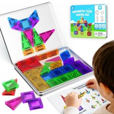 GleamJoy 미니 자석 타일 58피스 여행용 아이언 박스 포함 STEM 교육용 건설 장난감 만 3세 이상 아동용 휴대용 빌딩 장난감 남아 및 여아용 선물 280961, GleamJoy 미니 자석 타일, 58피스 여행용 아이