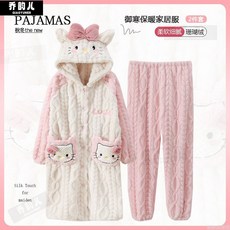 珊瑚絨睡袍女款秋冬季加絨加厚甜美卡通中長款浴袍冬天保暖家居服加絨睡袍 可愛睡衣 情侶睡袍保暖睡衣SY3