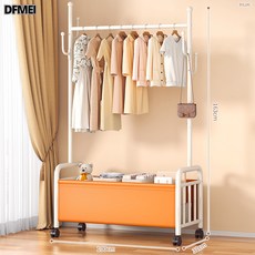 DFMEI 衣帽架落地臥室掛衣架家用室內輕奢可移動多功能宿舍收納衣服掛架, 100cm白架【加厚耐磨橙色皮兜】衣帽掛鉤萬向輪+送調平底腳