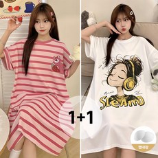 BLOOMY 1+1 여성 여름 캡내장 잠옷 원피스 반팔 빅사이즈 오버핏 홈웨어 큐트 캐릭터 파자마
