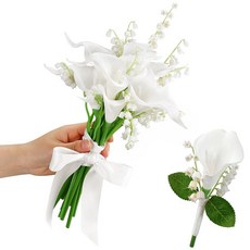 ECLATIS XunY2E(넓음) 16피스 신부 부케 세트 화이트 칼라 백합 조화 10개 인조 은방프리미엄 캐시미어 울꽃 5개 신랑 부토니에르 핀 1개 들러리 꽃다발