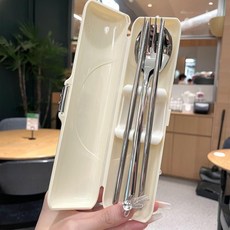 스테인리스 휴대용 식기 세트 학생용 젓가락 숟가락, 1개, 4종 순은 포크 밀키화이트