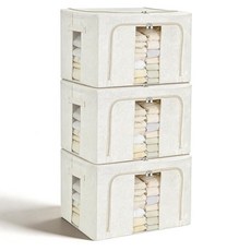 Amiya 금속 프레임이 있는 3팩 투명 플라스틱 보관 상자 뚜껑이 있는 66L 접이식 의류 정리함 침실 옷장 차고 지퍼 손잡이용 쌓을 수 있는 방수 용기, Beige