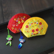 한국민예 전통 누비 꽃자수 동전지갑 미니파우치 외국인선물, 노랑, 1개