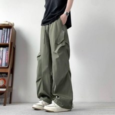 涼感褲 男生 夏天 輕薄透氣 吸汗速乾 冰絲長褲 闊腿褲, 軍綠