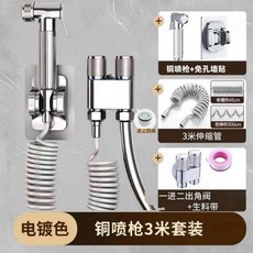 全銅增壓雙控沖洗噴槍 一進二出 角閥套裝, 1個, 電鍍荔枝輪, 銅噴槍+牆貼款