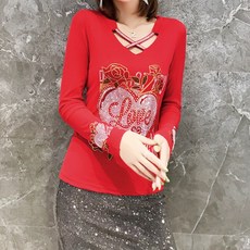 까르죠아 엑스끈 하트 보석 블라우스 댄스복 여성 핫픽스 반짝이, FREE, 레드