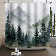 Laeacco 미스티 포레스트 샤워 커튼 그린 자연 소나무 산 숲 숲 욕실 샤워 커튼 방수 폴리에스터 원단 목욕 커튼 후크 포함 182.9x182.9cm(72x72인치)