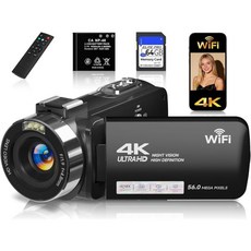 4K 비디오 카메라 캠코더 UHD 56메가픽셀 와이파이 브이로그 유튜브용 IR 야간 투시 18배 디지털 줌 3.0인치 터치스크린 64GB 카드 포함 리모컨 웹캠 및 배터리 분홍, Gtonster 검정