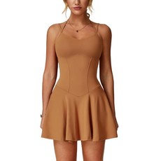 ABOCIW 여성용 스파게티 스트랩 테니스 드레스 내장 반바지와 브라 포함 주머니가 있는 골프 애슬레틱 브라운.