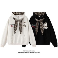 FXOP 蘋果小狗豹紋綁帶假兩件連帽衛衣女 寬鬆慵懶韓系上衣, 1個, 黄花灰色,L