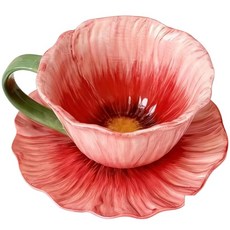 MAKABORO 꽃잎 꽃형 세라믹 커피잔 + 컵받침 세트 예쁜 찻잔 머그컵 집들이 선물 4color, 1개, 레드