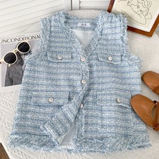 트위드뷔스티에 브이넥 루즈핏 핑크 하늘색 조끼 트위드 레이어드