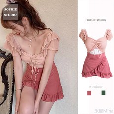 比基尼 分體泳衣 兩件式泳衣 bikini 保守泳衣 小胸聚攏比基尼顯瘦學生泳衣少女可愛泡溫泉泳裝沙灘度假兩件套, 0353藍色連體,xl碼(建議54.0-62.5kg)