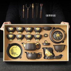 描金蓮花紫砂茶具 手工泡茶壺家用高檔養生茶器套組, 1個, 1L, 描金套組17頭-禮盒裝:如圖所示