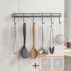 무타공 조리도구 걸이 다용도 접착식 후크 1+1 접착패드 2매 추가, 2개, 블랙