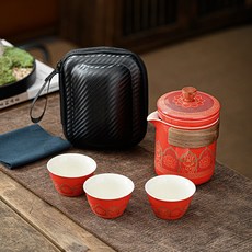旅行茶具便攜式功夫茶具套裝日式戶外快客杯節日商務禮品贈送, 紅/古韻一壺三杯/小黑包, 如图, 1個