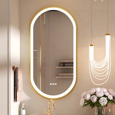 LUVODI LED 욕실 벽거울 1200x600 타원형 스마트터치 간접조명 화장대 인테리어 골드 프레임, 3색조명
