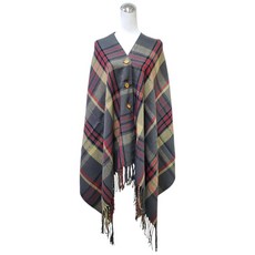 仿羊絨鈕扣斗篷披肩流蘇格子圍巾