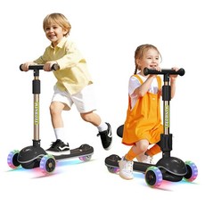 134776 투인원 킥 스쿠터 높이 조절 가능한 핸들바 및 탈착식 시트 접이식 3륜 LED 조명 넓은 미끄럼 방지 데크 만 3~8세 남아 여아용 야외 탑승 장난감(블랙), 134776 투인원 킥 스쿠터, 높이 조절 가능한 핸들