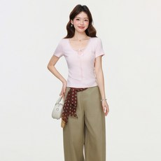 해피유통 여성 브이넥 레이스 반팔 티셔츠 리본 슬림핏 데일리 상의