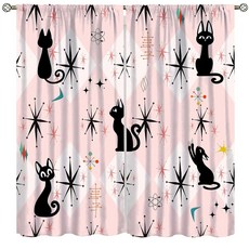 AAVEUP 중세 모던 커튼 핑크 50년대 모던 추상 기하학적 원자 아트 검은 고양이 창문 트리트먼트 드레이프 여아 어린이 거실 침실 욕실 106.7x114.3cm(42x45, 스타일-4