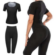 땀복티셔츠 여성 발열소재 쫀쫀스판 반팔땀복 상하셋트(하의7부)