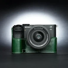 Roadfisher 가죽 필름 카메라 보호 케이스 커버 소니 A7C2 용 기본 그립 어깨 벨트 넥 스트랩, 04 Green Case