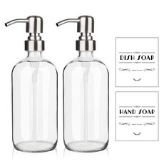 ARKTEK 유리 비누 디스펜서 주방용 투명 욕실 액체 디스펜서 있는 가능한 17온스 접시 방지 500ML 스테인리스 리필 스틸 조리대용 펌프가, 2팩