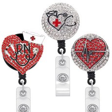 [ 1231607 ] 3피스 블링 라인스톤 배지 릴 접이식 ID 홀더 악어 클립 포함 간호사 학생 및 의사를 위한 다이아몬드 하트, 스타일-3, 1개