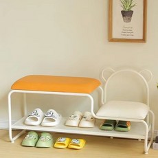 ZCBV 신발장의자 현관의자 현관벤치의자 스툴 가정용 아기신발장의자 신발수납장 신발장벤치, 60*32*45, 화이트 프레임+오렌지&화이트 쿠션