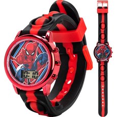 Accutime 마블 스파이더맨 디지털 LCD 손목 시계 레드 그린 옐로우 LED 조명 쇼 및 포퍼 스트랩 포함 - 시간과 재미를 배우기에 적합