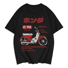 오토바이 프린트 패턴 스쿠터 여름 순수 코튼 반팔 티셔츠, 2. 검정색