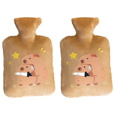 StarR 플레잉 카피바라 일러스트 패브릭 보온 물주머니 브라운 500ml, 2개