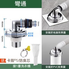 洗衣機排水管地漏專用接頭 防溢水兩用三通蓋, 1個, -電鍍單彎頭+密封蓋【送芯+箍】
