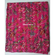 핑크 플로럴 버드 칸타 퀼팅 베개 2개 포함 리버서블 침구 이불 침대 스프레드 담요 히피 보헤미안 퀼팅 킹/퀸 홈 데코 (60X90인치), 60X90인치