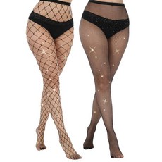 EAZZEA 스파클링 대형 및 소형 메시 낚시 그물 스타킹 하이 웨이스트 글리터 여성용 라인스톤 네트 2팩