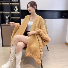 여성 겨울 니트 숄 두껍고 따뜻한 모피 칼라 고급 단색 케이프 코트