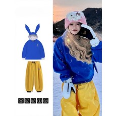 남녀공용 스키복 세트 플리스 안감 방수 방풍 스노우 보드복 토끼귀 스키웨어 디자인