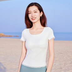 QUEEN YOGA瑜伽服簡約運動顯瘦圓領健身跑步短袖上衣（固定一體杯）